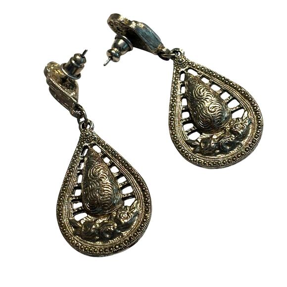 Pierced earrings drop & dangle silver teardrops & blue moonstone rhinestones - Picture 4 of 6